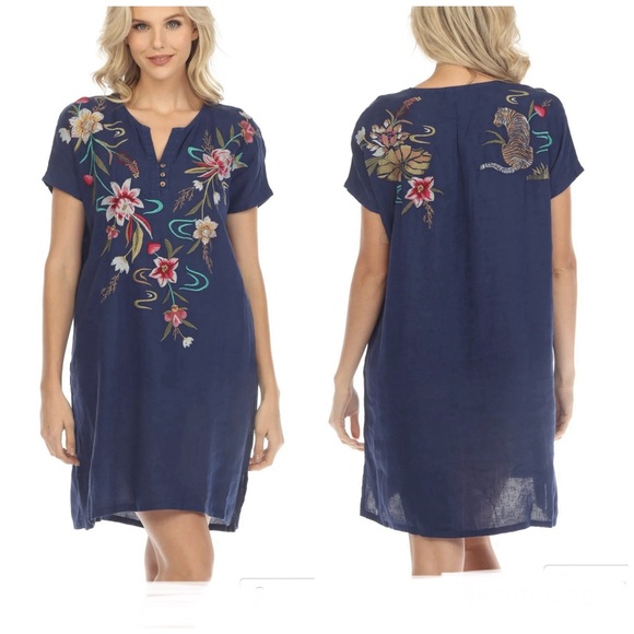 JOHNNY WAS Maisie Blue Linen w Multicolor Embroidery Easy Button Mini Dress XL - Picture 16 of 16